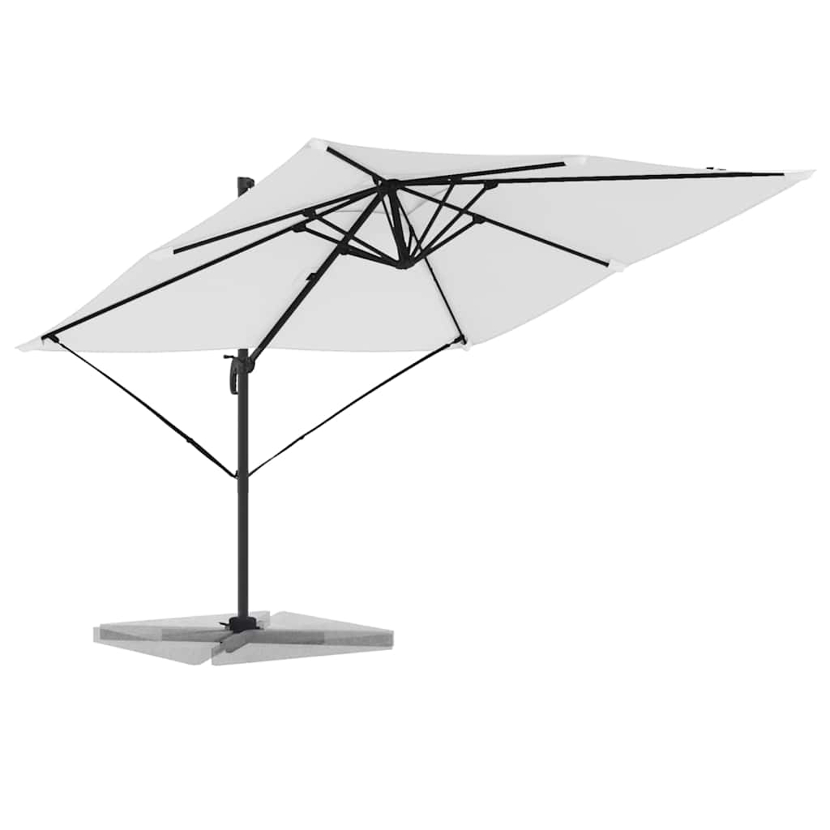 Ein weißer quadratischer Sonnenschirm mit schwarzem Rahmen. Auf grauem Sockel, vor weißem Hintergrund. Der Schirm ist geöffnet.