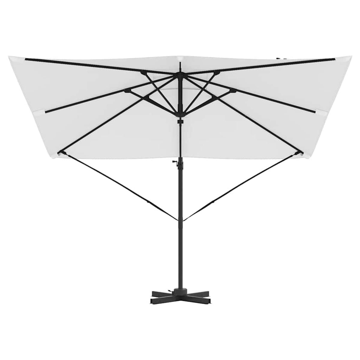 Ein weißer quadratischer Sonnenschirm ist geöffnet. Er hat ein schwarzes Gestell und einen schwarzen Sockel. Der Hintergrund ist schlicht weiß.