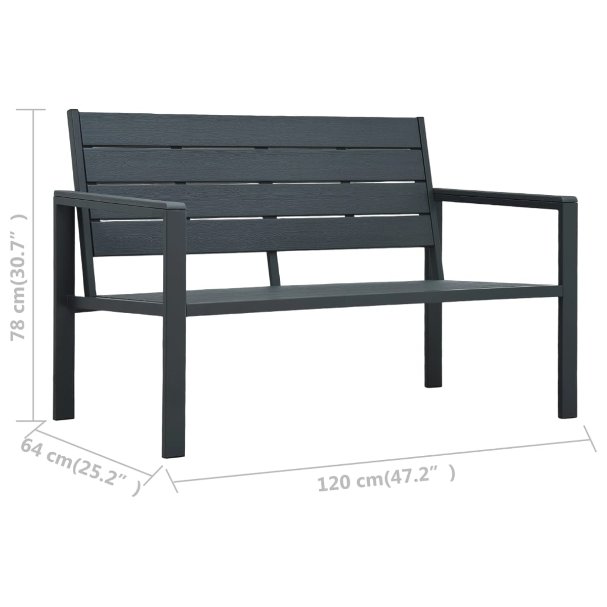 Dunkelgraue Gartenbank mit Armlehnen. Abmessungen: 78 cm hoch, 64 cm tief und 120 cm breit.