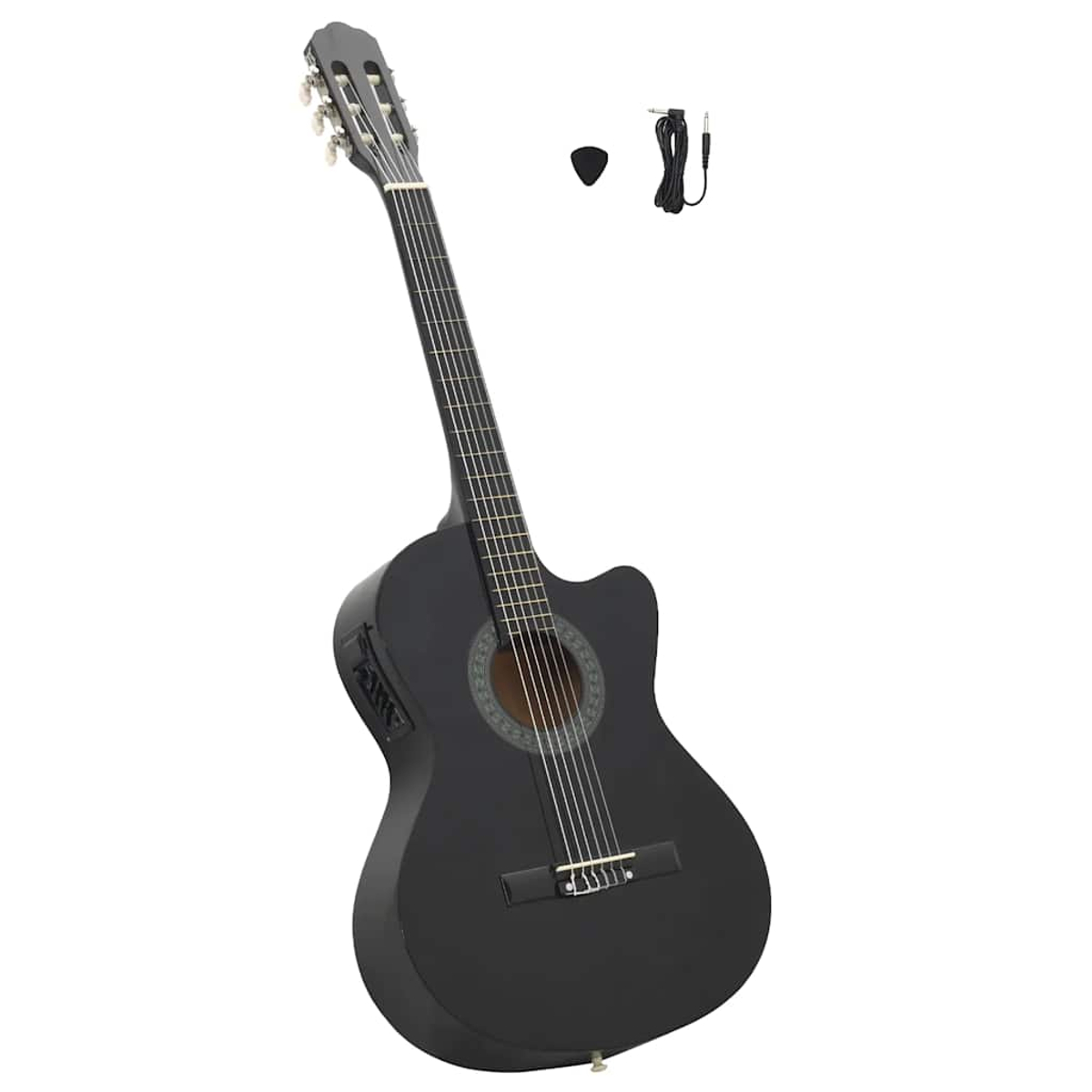 Eine schwarze Akustikgitarre mit Cutaway-Design. Ein Plektrum und ein Kabel liegen neben der Gitarre. Der Hintergrund ist weiß.
