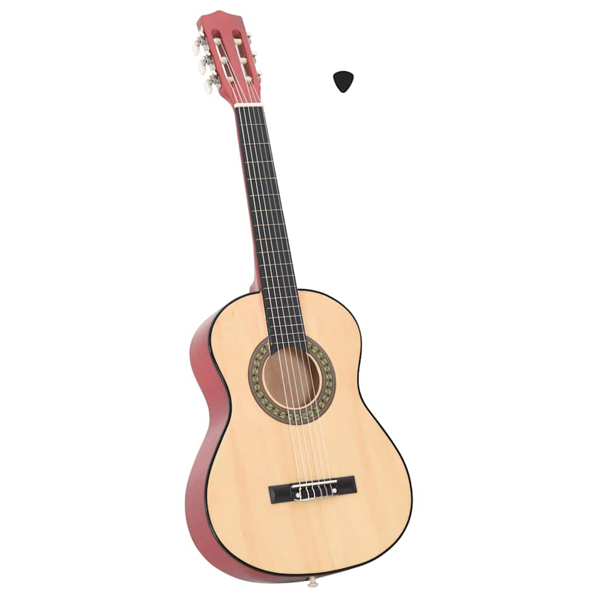 Akustikgitarre mit roten Akzenten, schwarzem Plektrum und hellem Holzkörper vor weißem Hintergrund. Die Gitarre ist im Fokus.