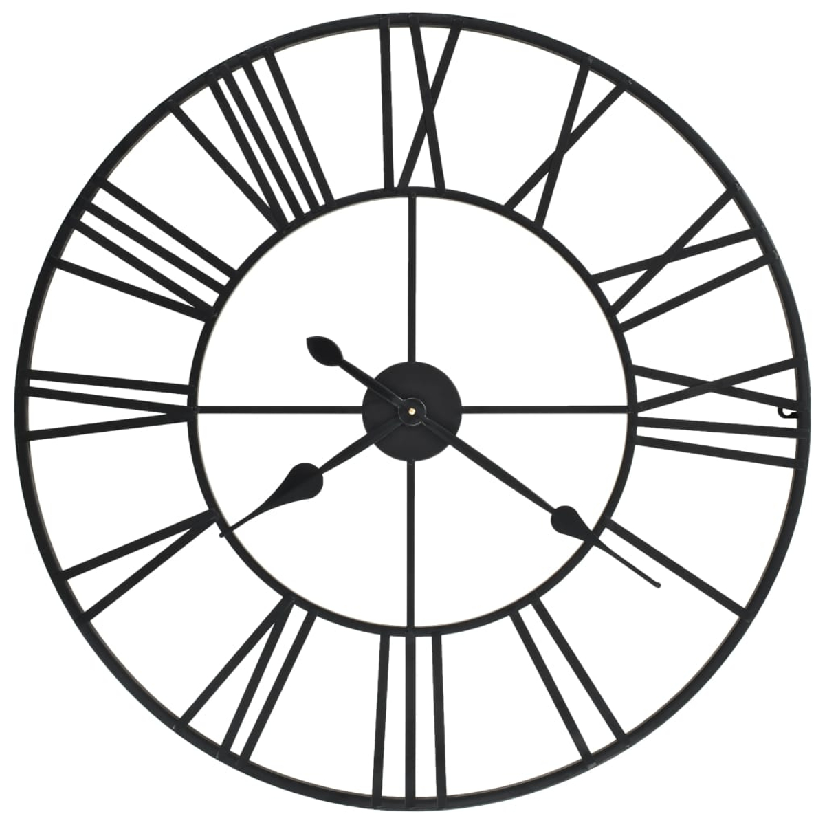 Eine große, schwarze Metalluhr mit römischen Ziffern. Die Zeiger zeigen auf 10:10 Uhr. Die Uhr hat einen kreisförmigen Rahmen und einen weißen Hintergrund.