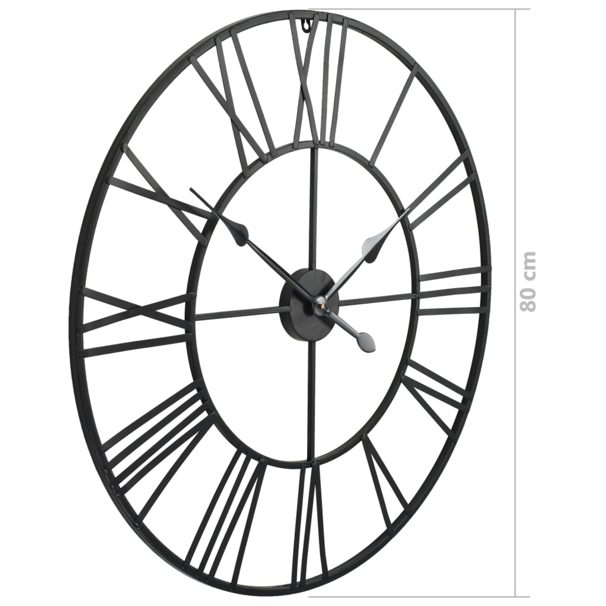 Eine große, schwarze Metall-Wanduhr mit römischen Ziffern. Zeiger zeigen auf etwa 1:45. 80 cm Skala an der Seite.