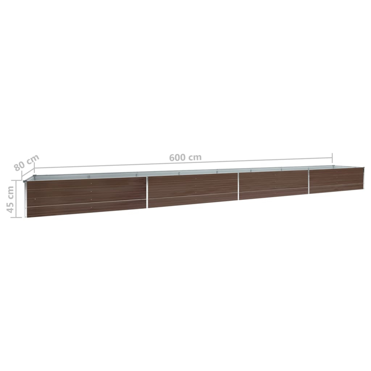 Ein langes, rechteckiges Hochbeet. Es ist braun mit silbernen Zierleisten, Abmessungen sind angegeben. 600 cm lang, 80 cm breit und 45 cm hoch.