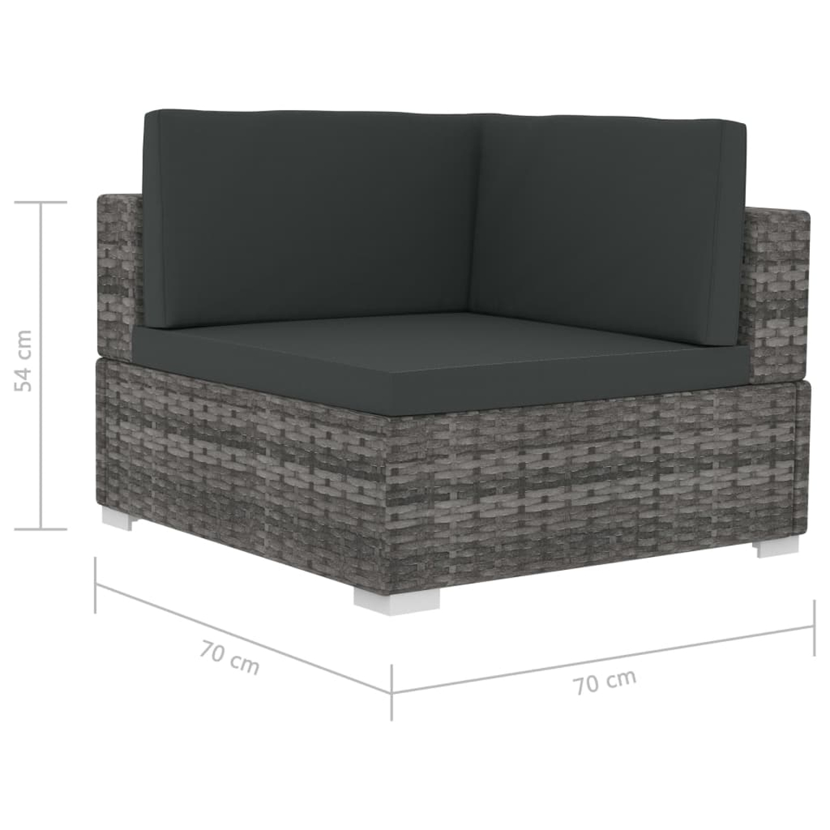 Graues Ecksofa mit dunkelgrauen Kissen, Abmessungen 70x70x54 cm. Es hat eine gewebte Textur und weiße Füße.