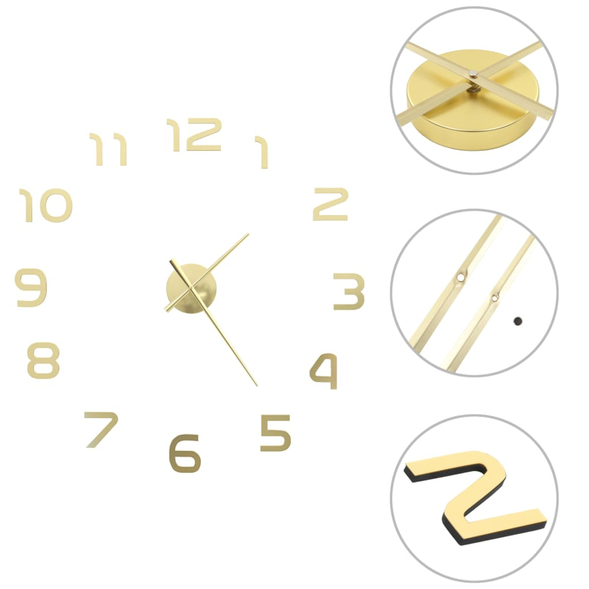 Eine goldene Wanduhr mit separaten Zahlen und Zeigern. Nahaufnahmen zeigen Details des Uhrwerks und einer Zahl.
