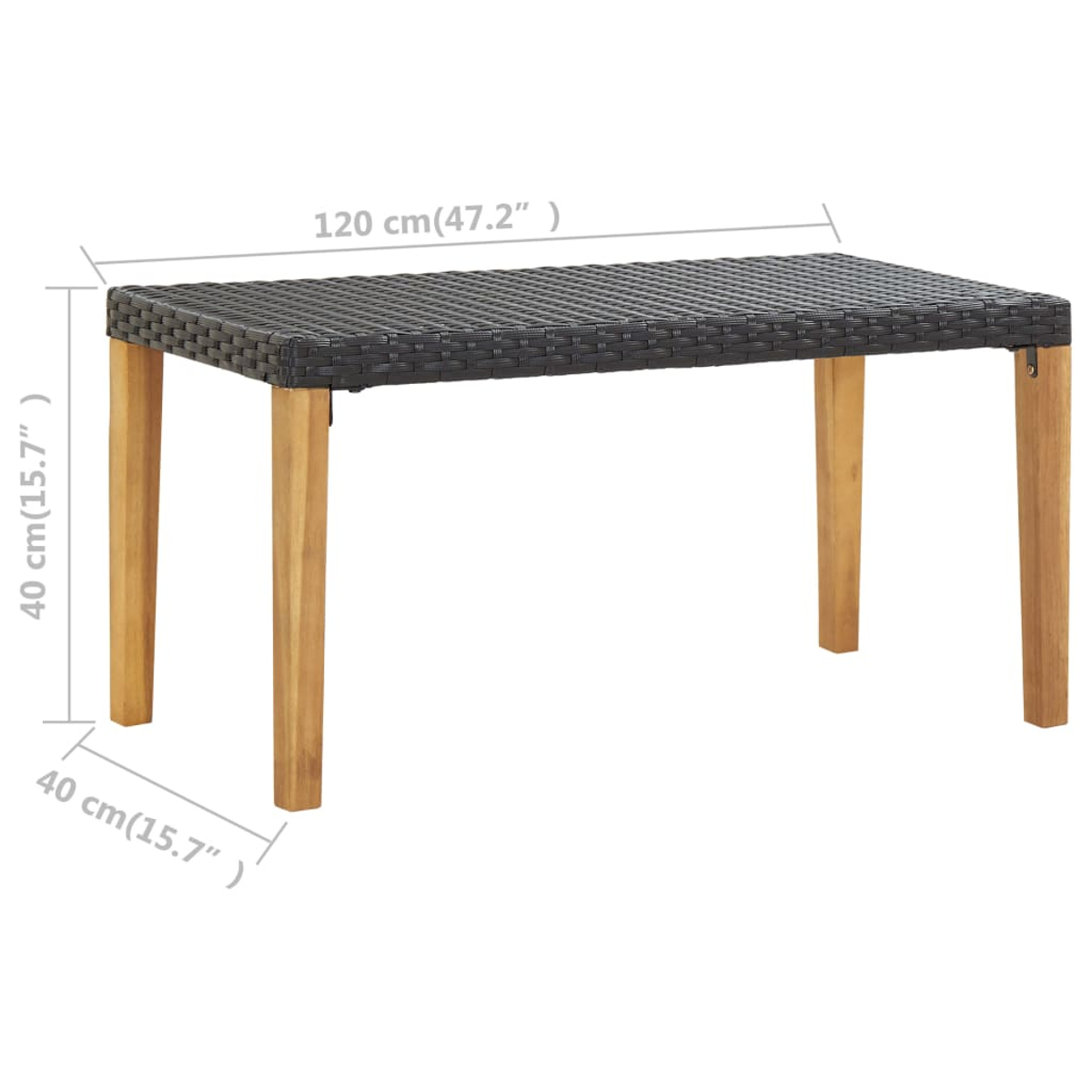 Ein rechteckiger Tisch mit schwarzer Web-Oberfläche und vier Holzbeinen. Abmessungen sind beschriftet: 120cm x 40cm.
