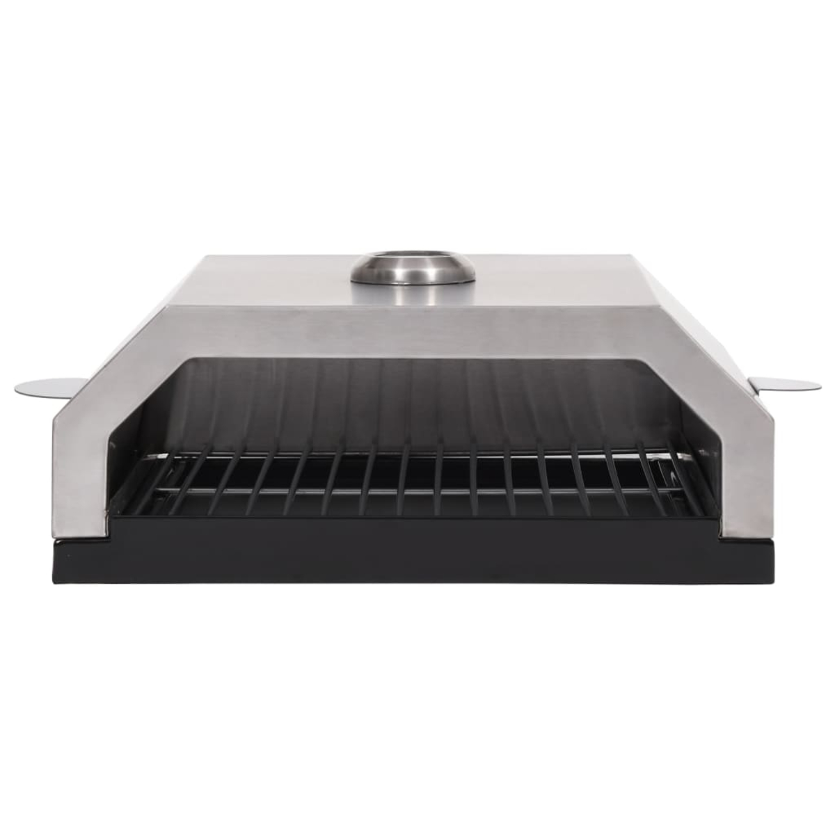 Ein Pizzaofen aus Edelstahl. Er hat einen schwarzen Sockel, einen Grill und einen kleinen Schornstein. Zwei kleine Seitengriffe sind auch sichtbar.