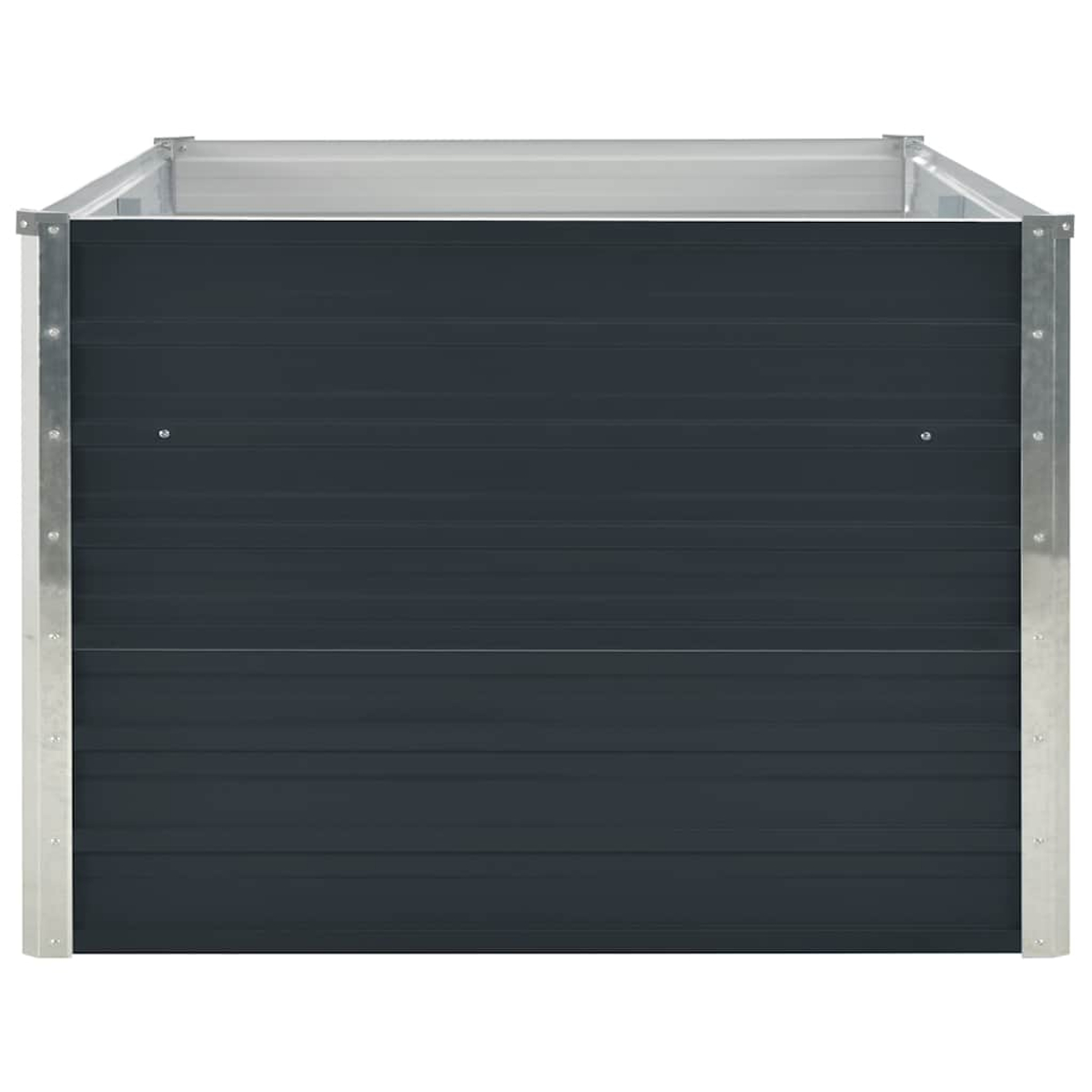 Ein Hochbeet aus Metall. Dunkelgraue horizontale Paneele werden von silbernem Metall umrahmt. Auch die Oberseite und die Ecken sind aus silbernem Metall.