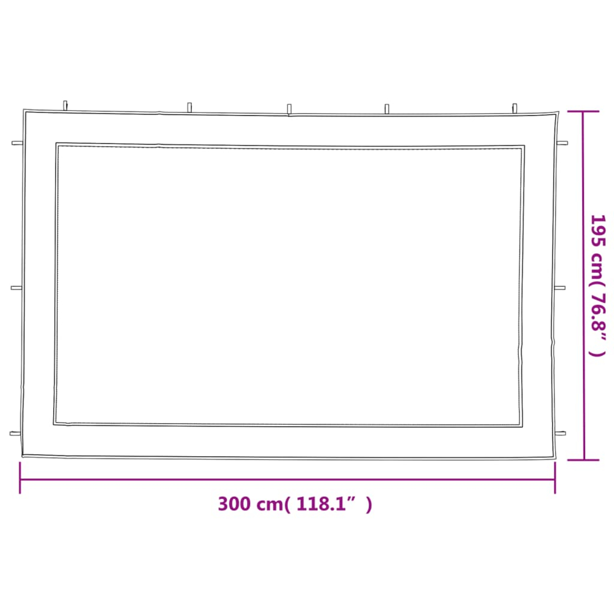Ein Diagramm zeigt ein rechteckiges Objekt mit den Maßen: 300 cm (118,1") und 195 cm (76,8").