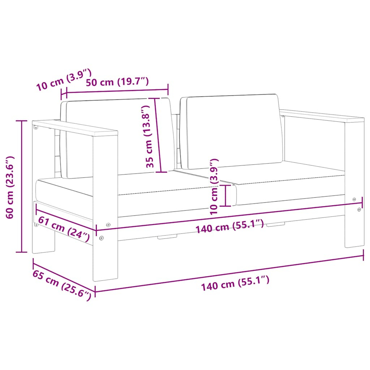 Diagramm eines Zweisitzer-Sofas mit Abmessungen in cm und Zoll. Maße umfassen Höhe, Breite, Sitztiefe und Armlehnen.