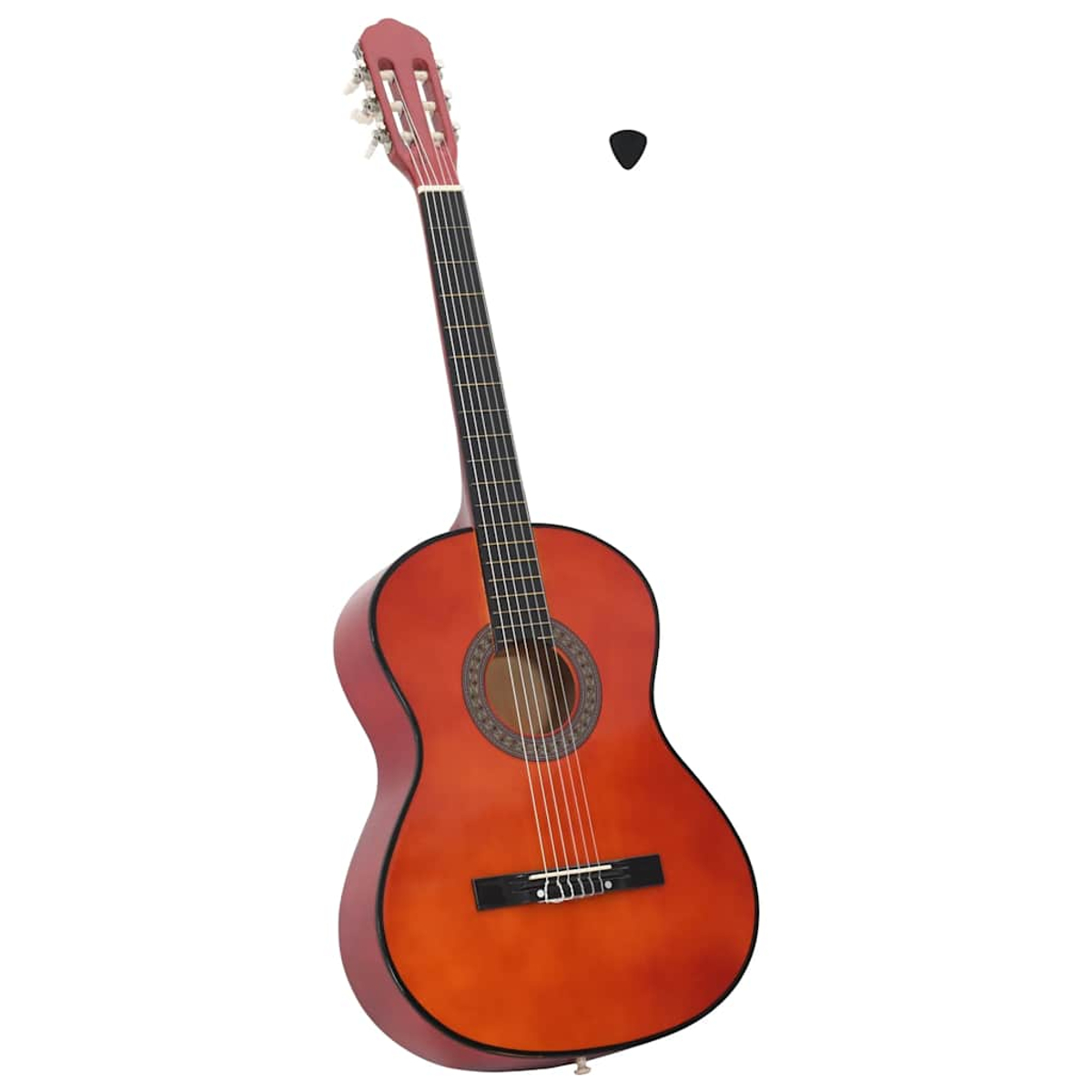 Eine Akustikgitarre mit rotem Korpus und Hals steht vor weißem Hintergrund, ein Plektrum schwebt in der Nähe.