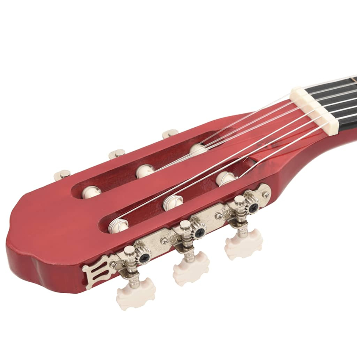 Nahaufnahme einer roten Gitarrenkopfplatte mit weißen Stimmwirbeln und Saiten. Die Kopfplatte ist abgewinkelt.