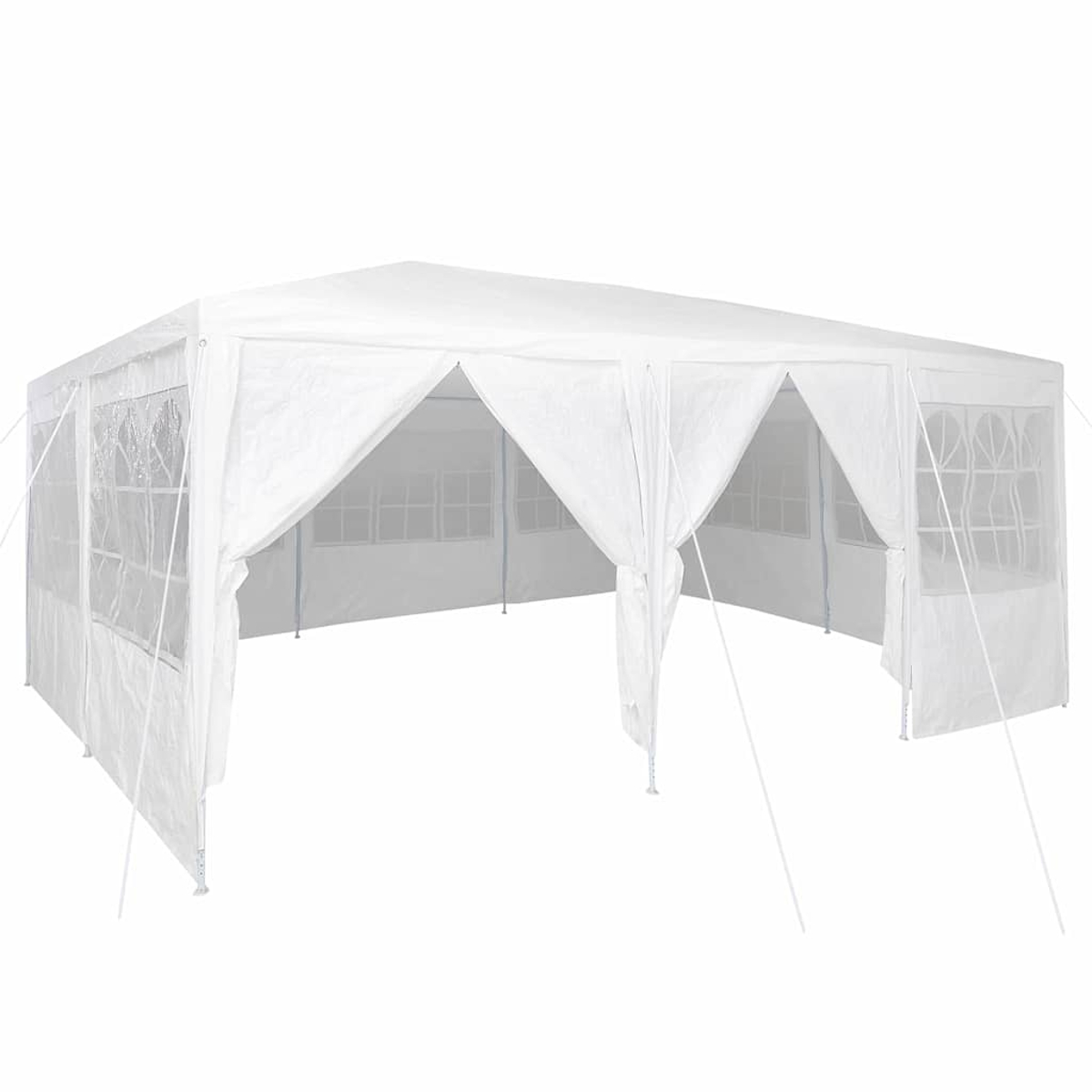 Ein weißes Partyzelt mit transparenten Fensterpaneelen. Das Zelt ist rechteckig, mit offenen Seiten und einem Spitzdach. Abspannleinen sind sichtbar.