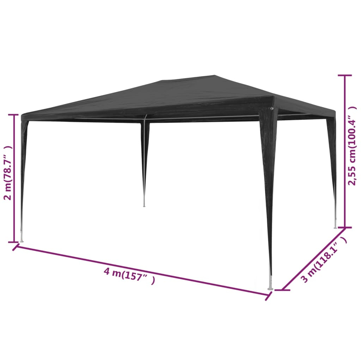 Ein schwarzes Pavillon-Zelt, Abmessungen: 4 m breit, 3 m tief, 2 m hoch. Die Höhe des Vordachs beträgt 2,55 cm.