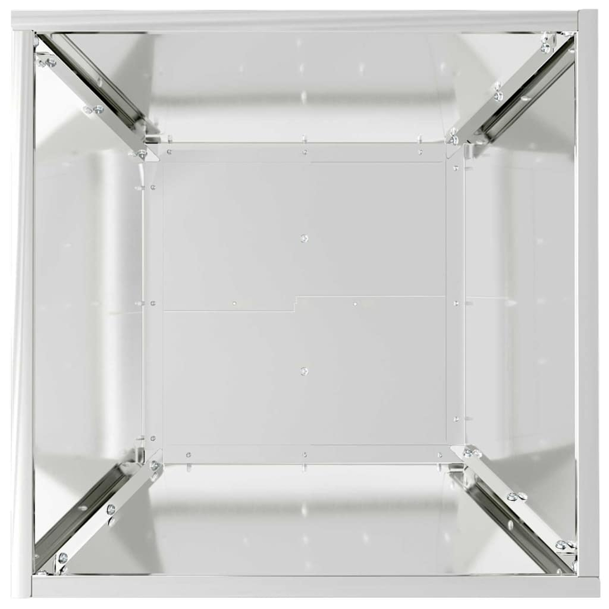 Draufsicht auf eine Metallboxstruktur mit reflektierenden Oberflächen und sichtbaren Schrauben. Der Innenraum ist weiß und unterteilt.