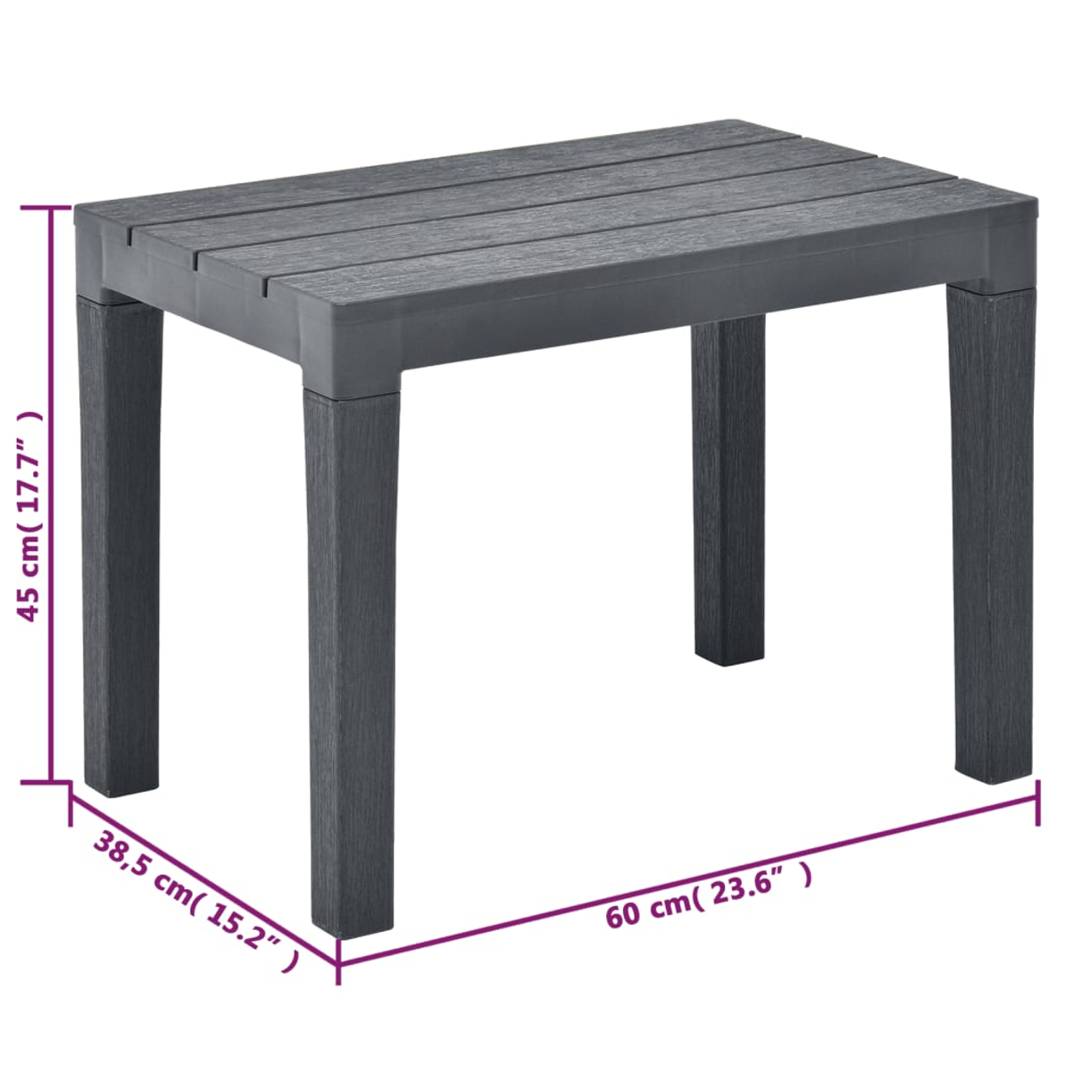 Ein grauer rechteckiger Tisch mit vier Beinen. Abmessungen sind beschriftet: 60 cm lang, 38,5 cm breit, 45 cm hoch.