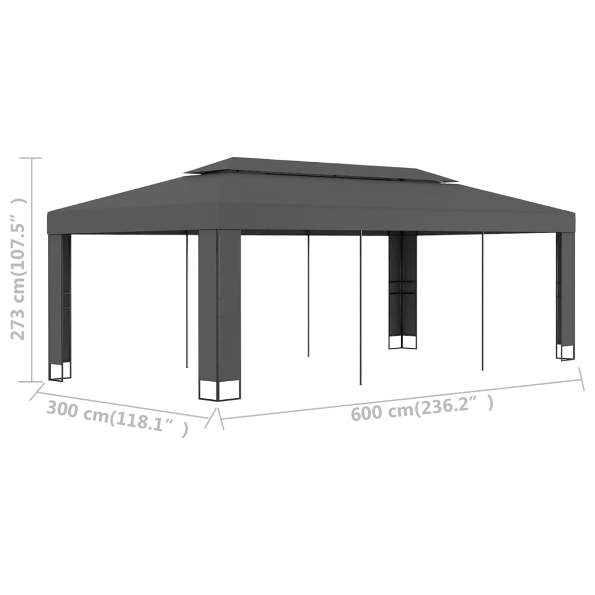 Grauer Outdoor-Pavillon mit Maßangaben. Er hat ein rechteckiges Dach, das von vertikalen Pfosten getragen wird.