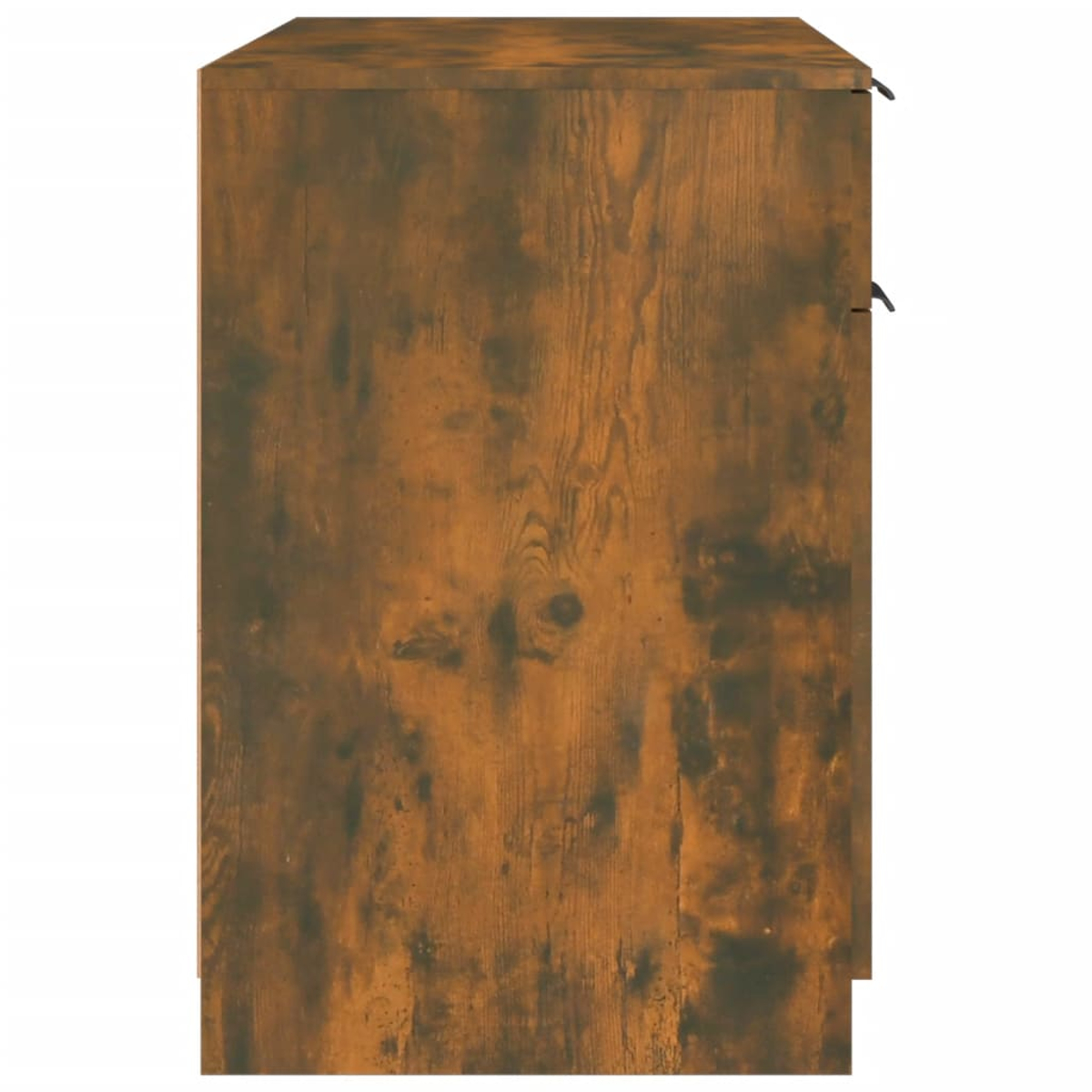 Seitenansicht eines Holzschranks. Er ist braun mit dunklen Flecken und zeigt Holzmaserung. Zwei schwarze Griffe sind sichtbar.