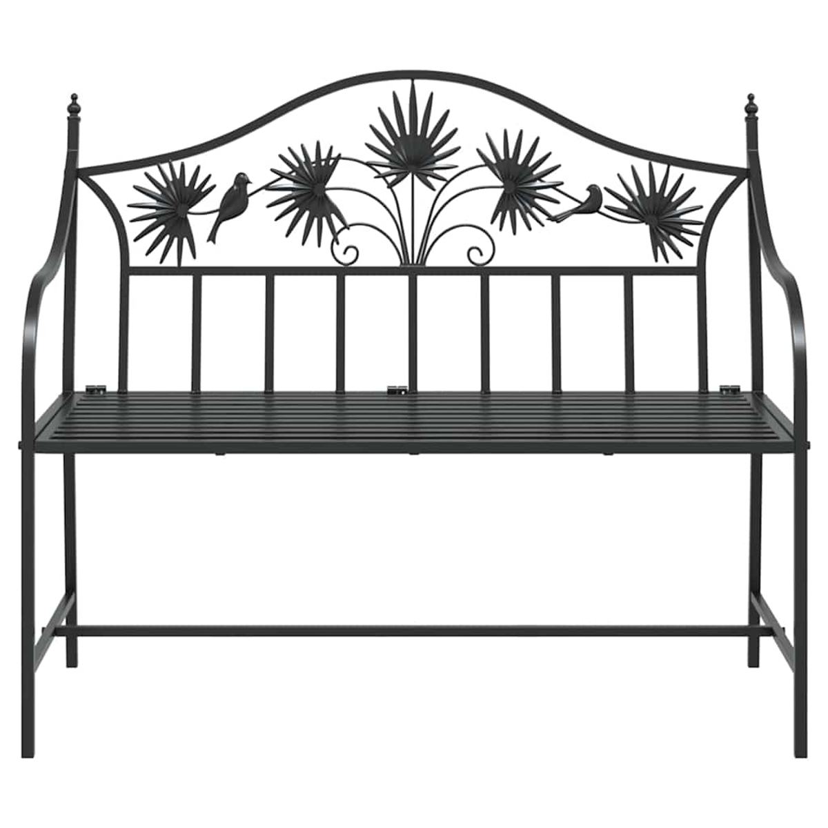Eine schwarze Gartenbank aus Metall mit dekorativer Rückenlehne. Sie hat stilisierte Vögel und florale Elemente.