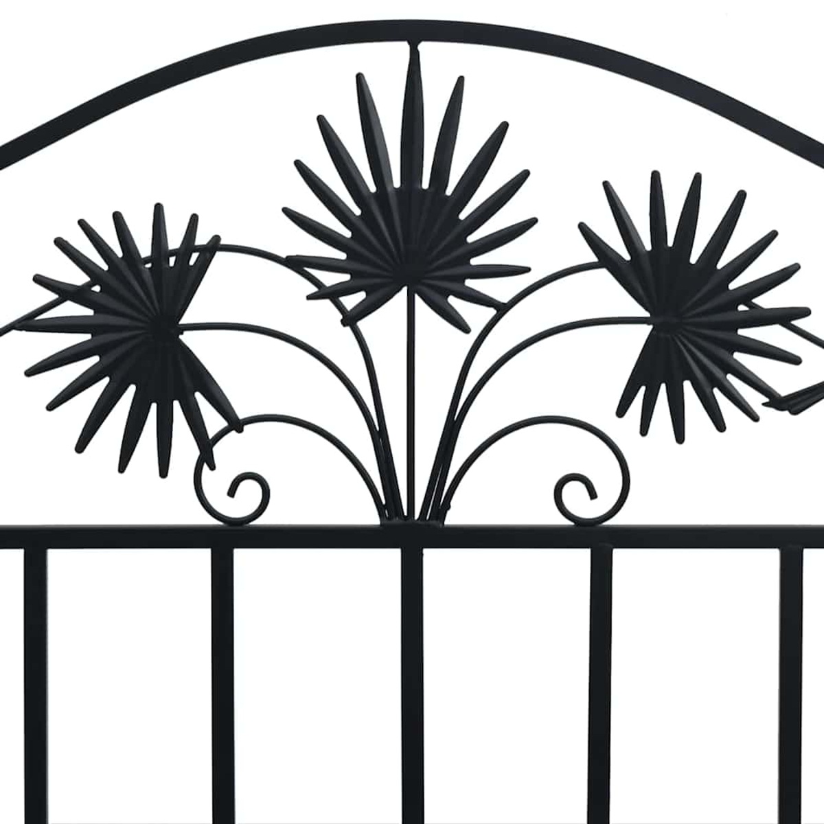 Schwarzer schmiedeeiserner Zaun mit stilisierten Palmblättern und geschwungenen Linien auf weißem Hintergrund.