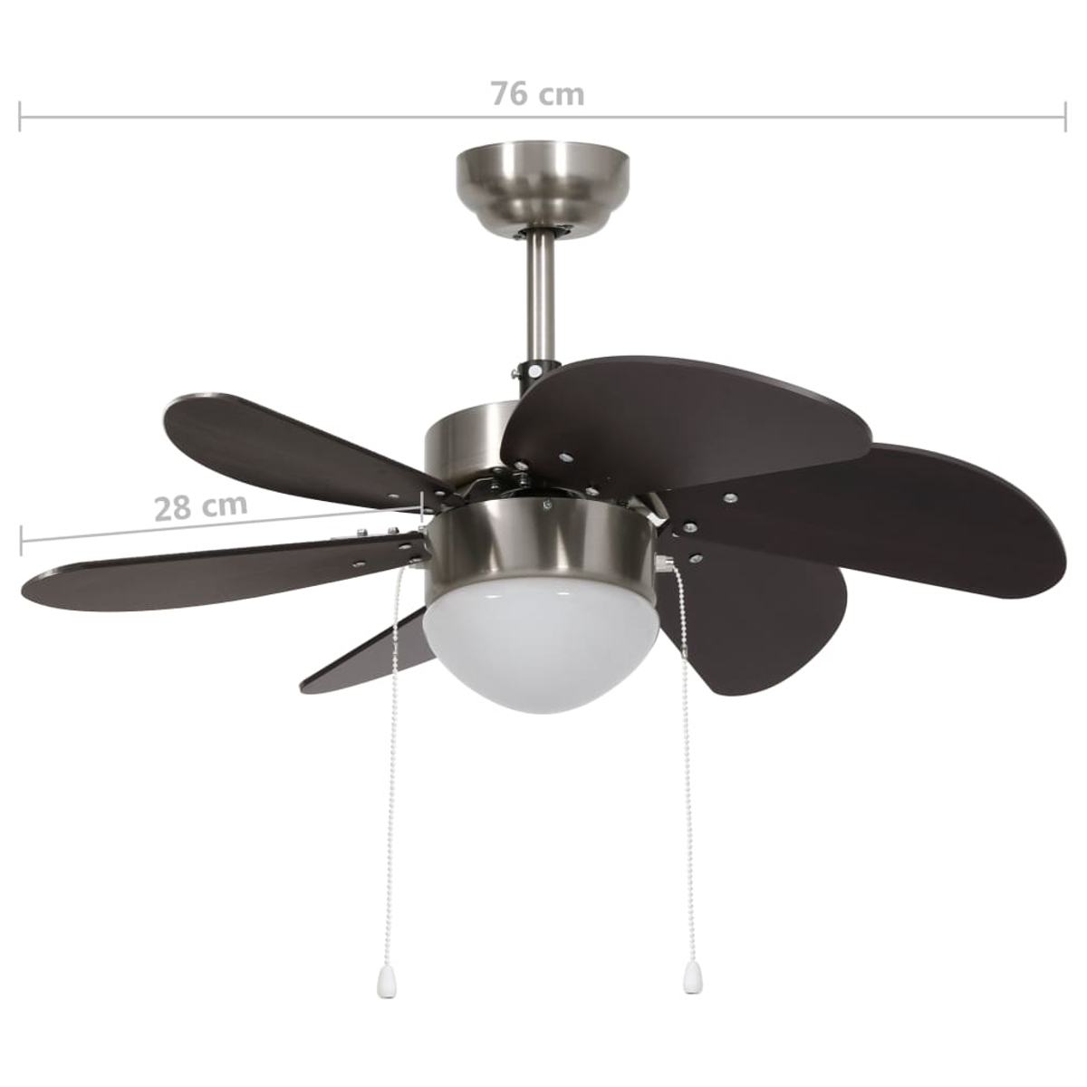 Ventilatore da soffitto con pale marrone scuro, finiture cromate e luce bianca. Dimensioni: 76 cm di larghezza, 28 cm di lunghezza. Con catene.