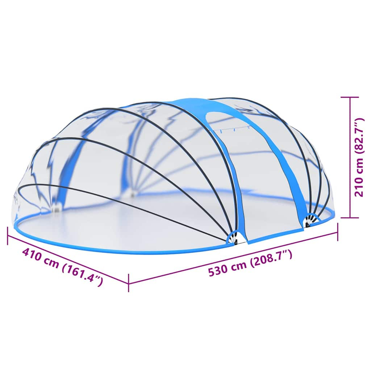 Ein kuppelförmiger Unterstand mit blauem Rahmen und transparentem Stoff. Abmessungen sind angegeben: 530 cm, 410 cm und 210 cm. Die Struktur befindet sich auf einer weißen Oberfläche.
