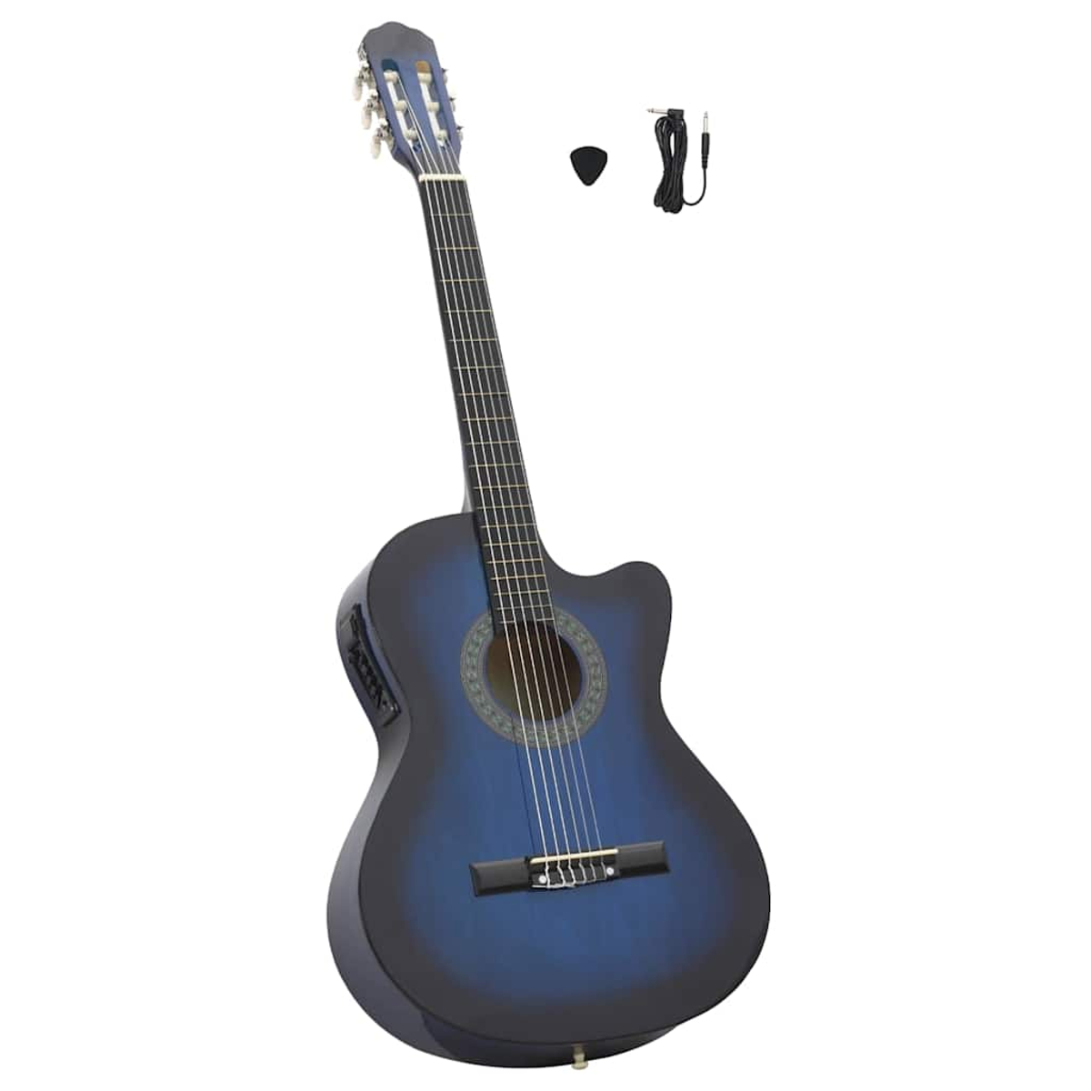 Eine blaue Akustikgitarre mit Cutaway-Design, einem Plektrum und einem Kabel vor weißem Hintergrund. Die Gitarre ist der Hauptfokus.