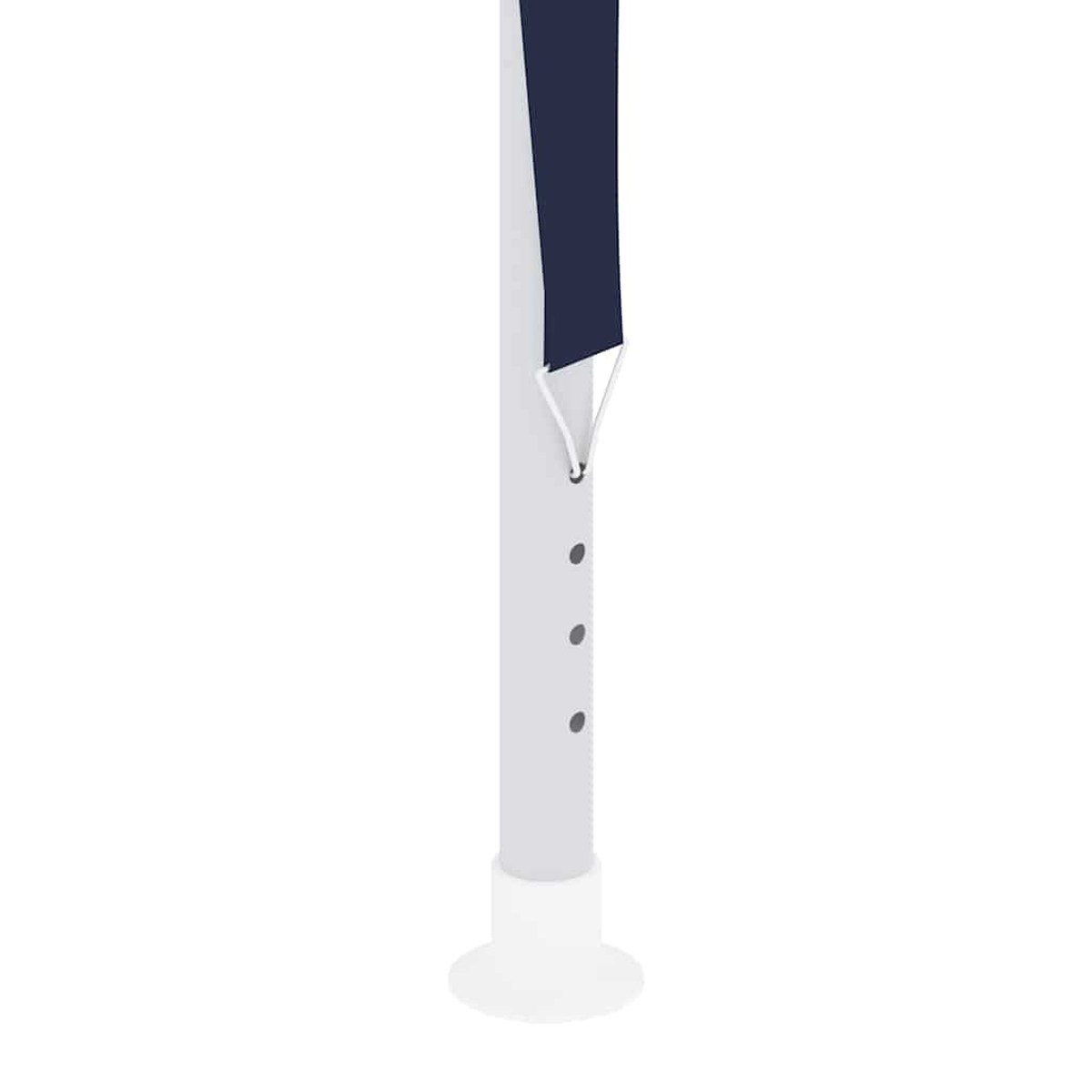 Un palo di tenda bianco con un tessuto blu navy attaccato. Il palo ha fori di regolazione e una base bianca. Sfondo bianco.