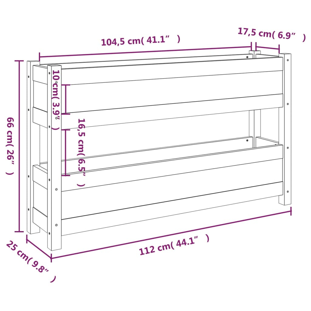 Diagramm eines Etagenbettes mit Maßen. Das Bett ist aus Holz und hat zwei Ebenen. Es ist 112 cm lang und 66 cm hoch.