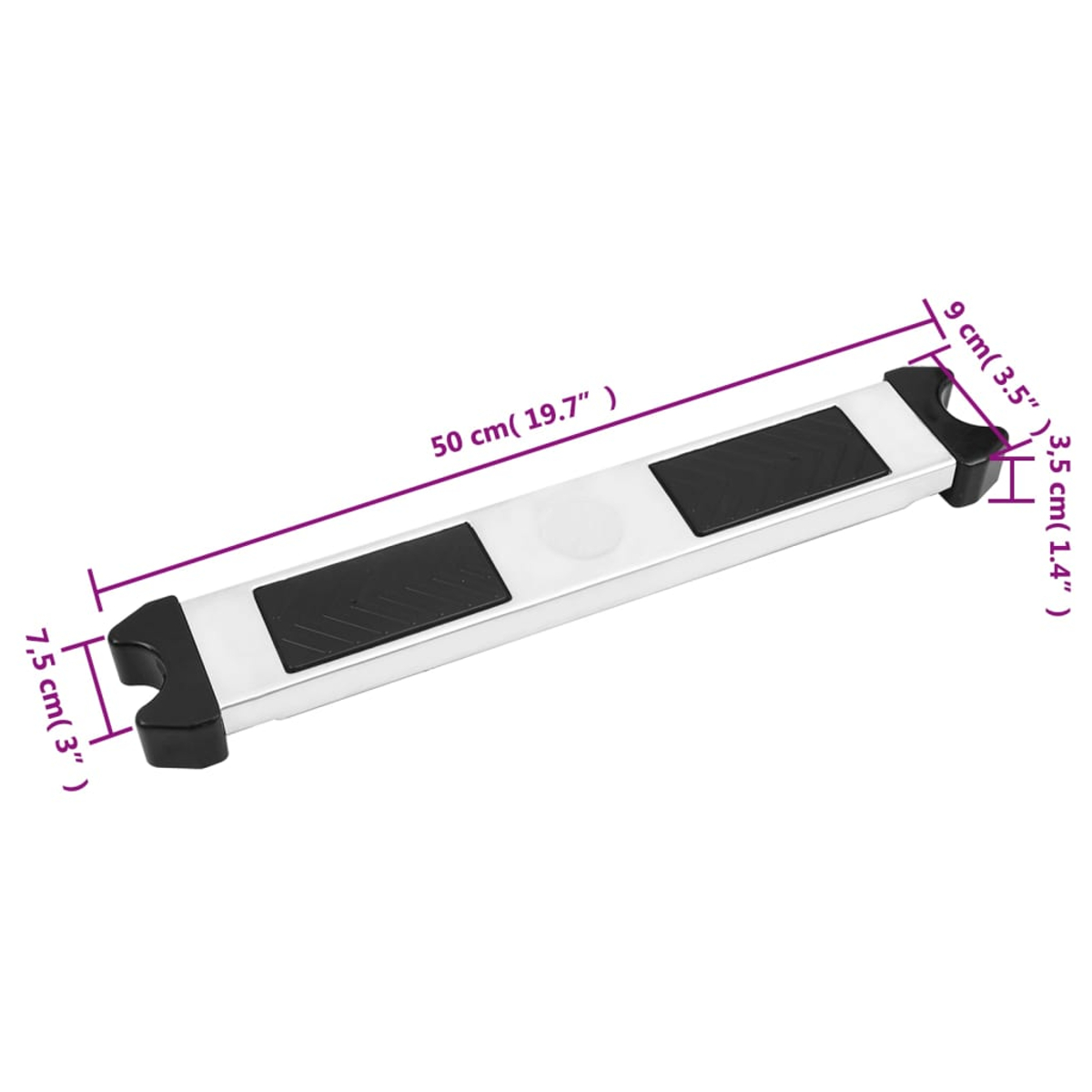 Ein silber-schwarzes Objekt mit beschrifteten Abmessungen. Es hat zwei schwarze Pads. Das Objekt ist 50 cm (19,7") lang.