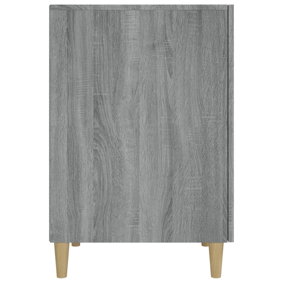 Ein grauer Holzschrank mit hellen Holzbeinen. Der Schrank hat eine Maserung.