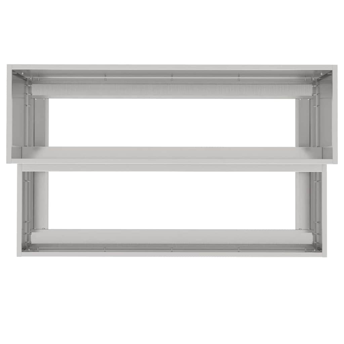 Una struttura rettangolare a due livelli in acciaio inossidabile con scomparti aperti. Sono visibili i ripiani superiori e inferiori.