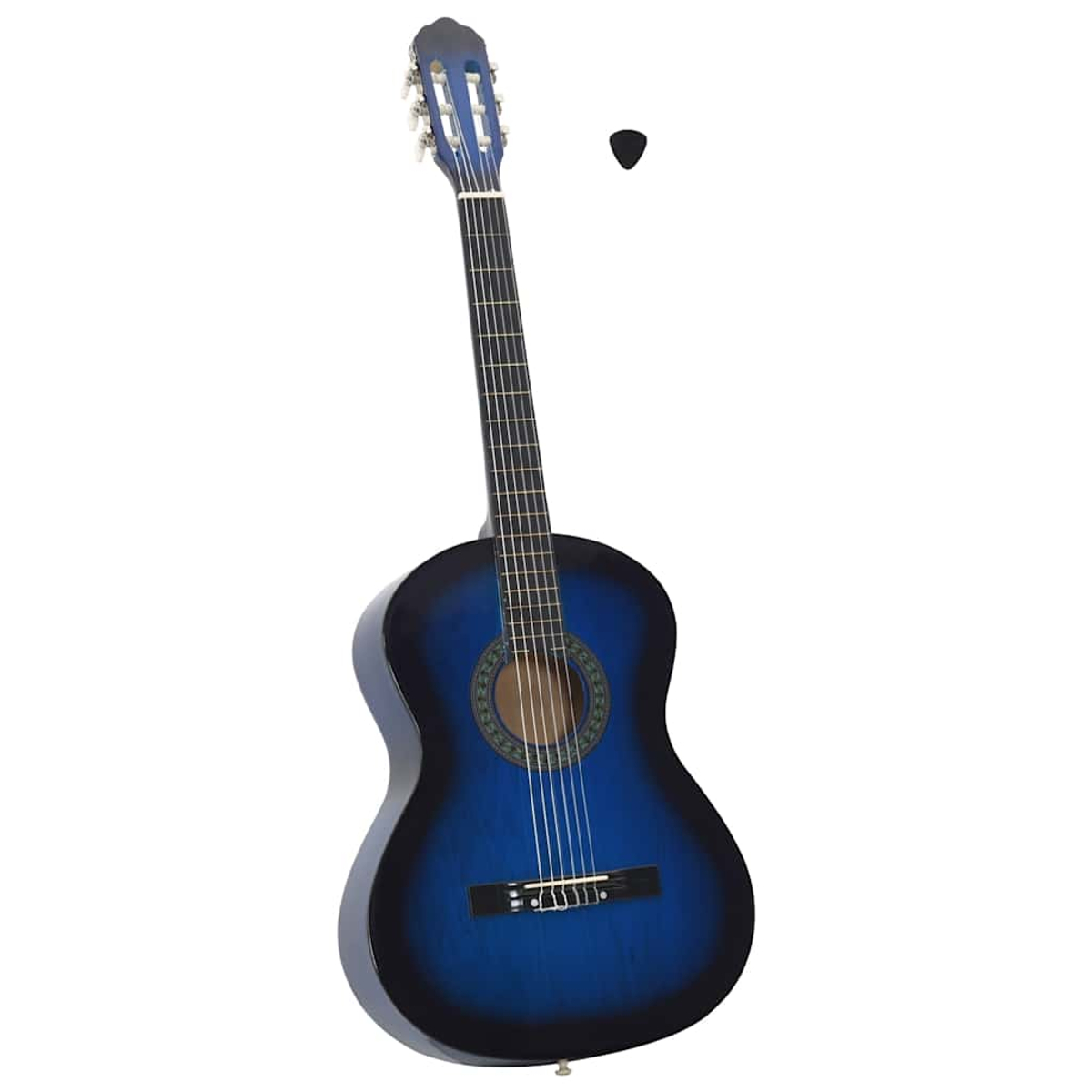 Akustikgitarre mit blauem Farbverlauf am Korpus und der Kopfplatte. Ein schwarzer Plektrum liegt daneben. Der Hintergrund ist weiß.