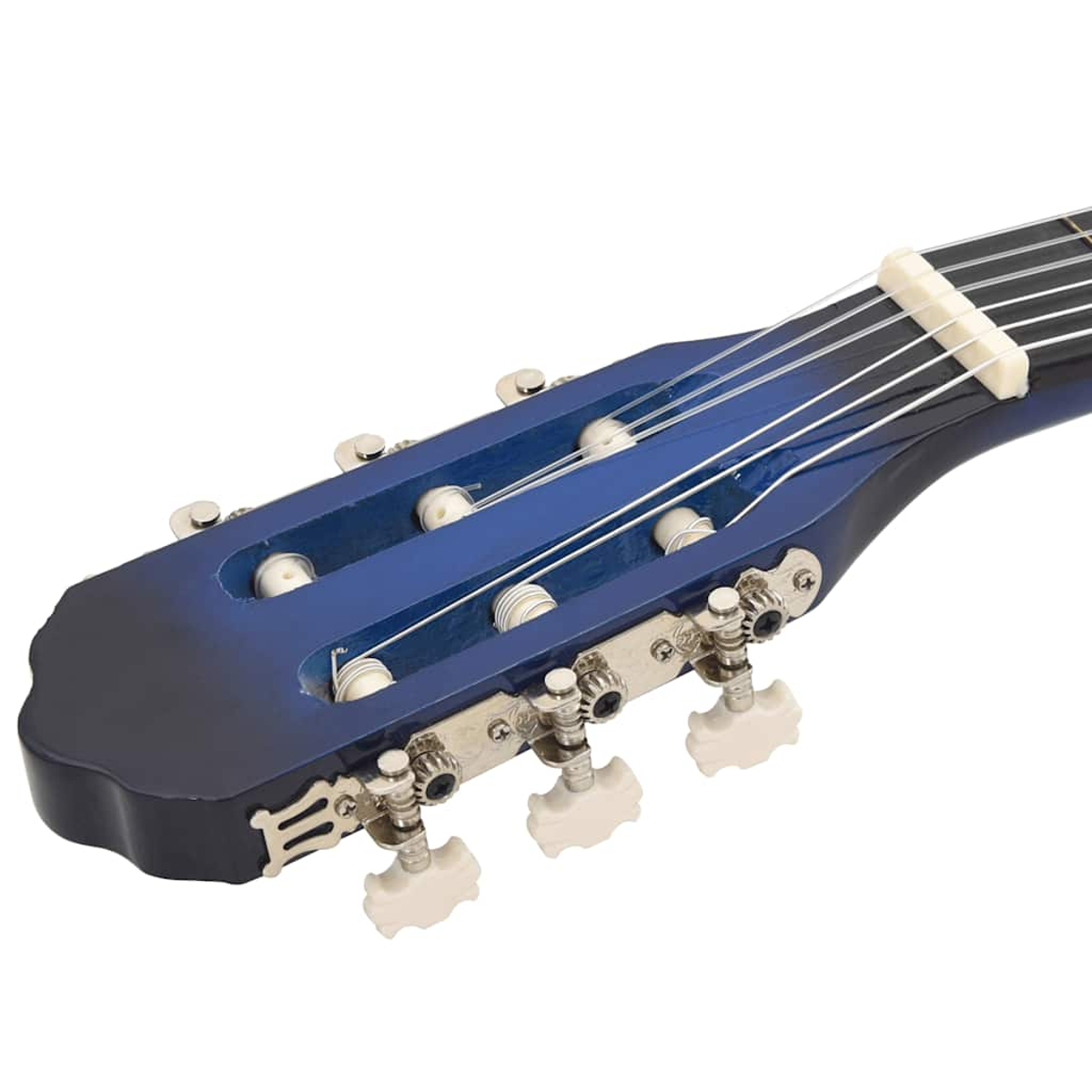 Nahaufnahme der Kopfplatte einer blau-schwarzen Gitarre. Saiten, Stimmwirbel und ein weißer Sattel sind vor weißem Hintergrund zu sehen.