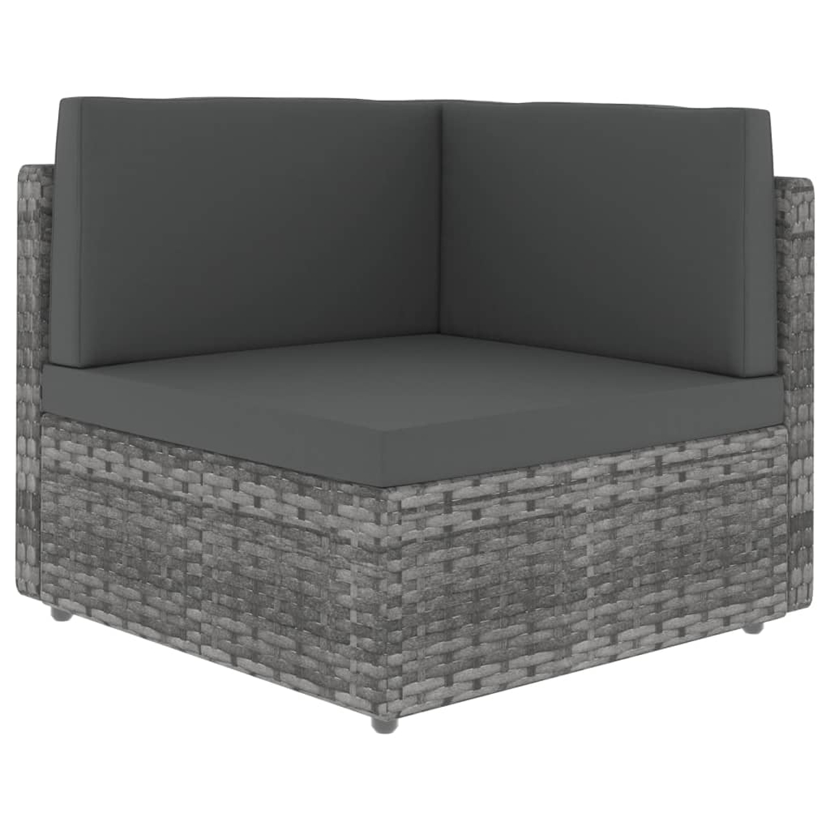 Ein graues Ecksofa aus Korbgeflecht mit dunkelgrauen Kissen. Das Sofa befindet sich in einer sauberen, hellen Umgebung.