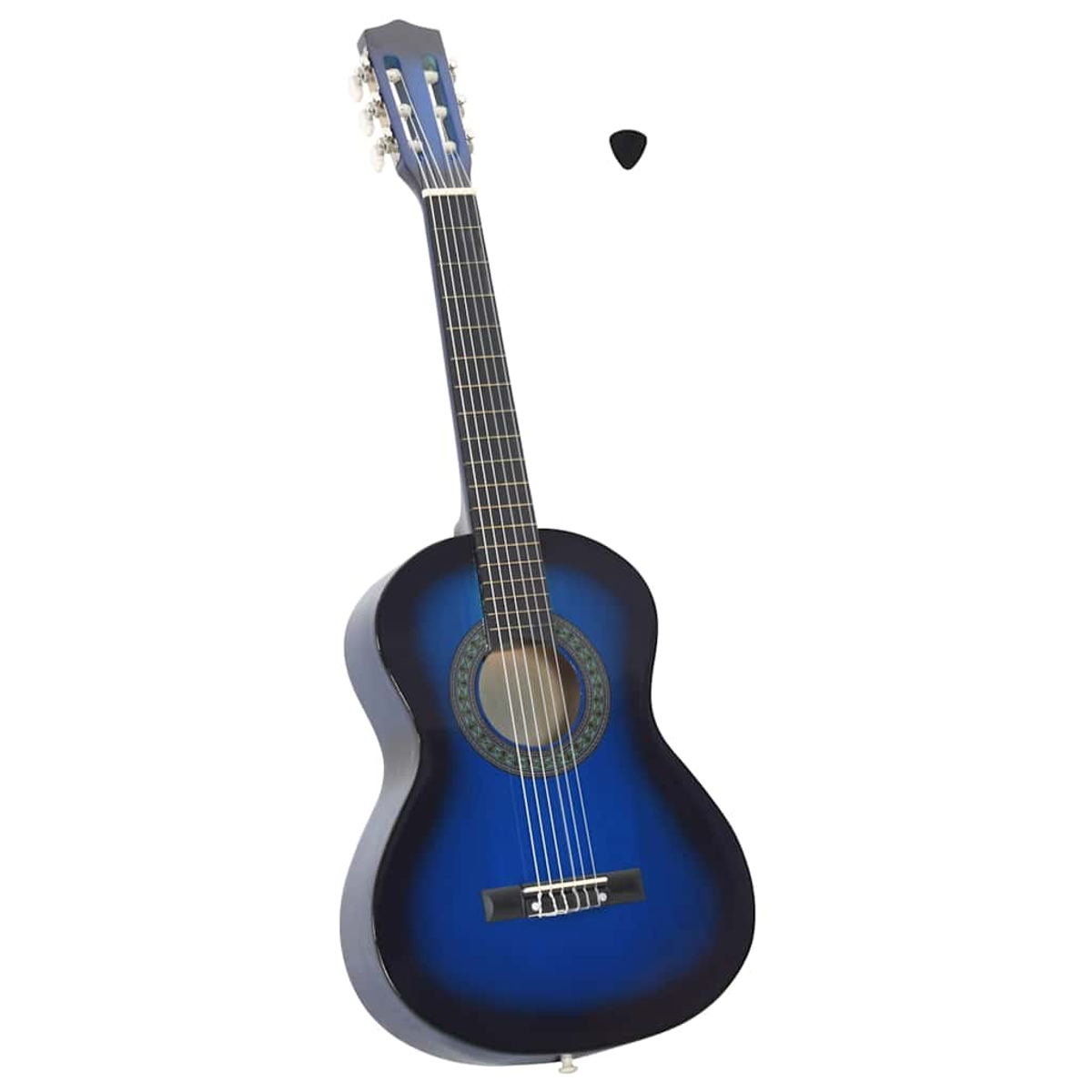 Eine blaue Akustikgitarre mit einem schwarzen Plektrum auf weißem Hintergrund. Die Gitarre hat einen blauen Farbverlauf und sechs Saiten.