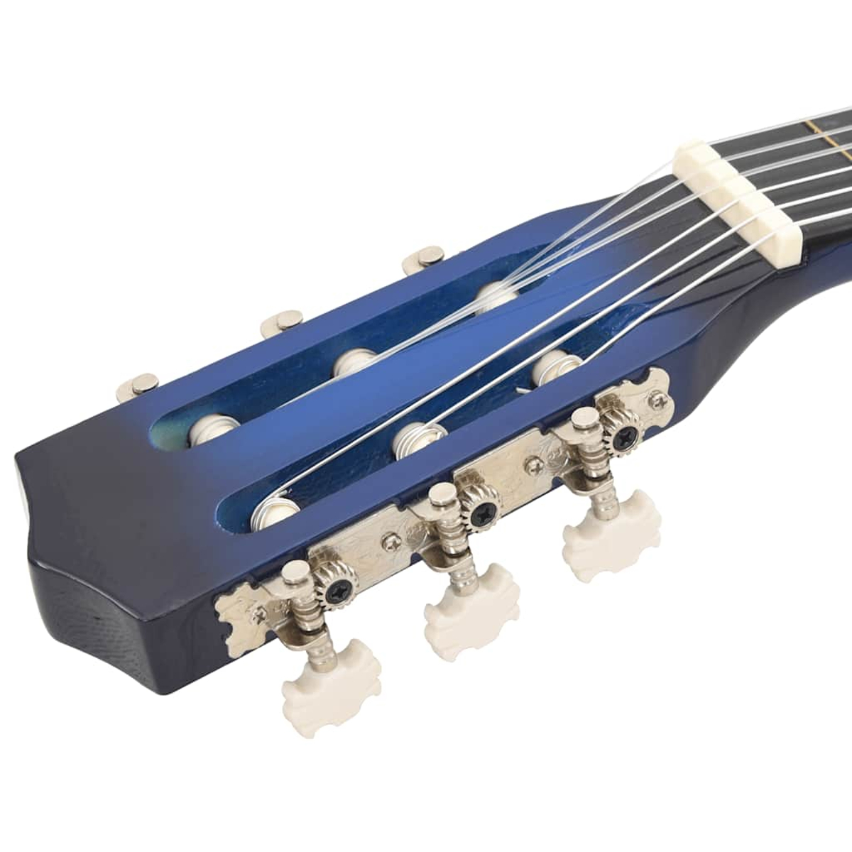 Nahaufnahme einer blauen Gitarrenkopfplatte. Silberne Stimmwirbel mit weißen Knöpfen. Saiten erstrecken sich zu einem weißen Steg.