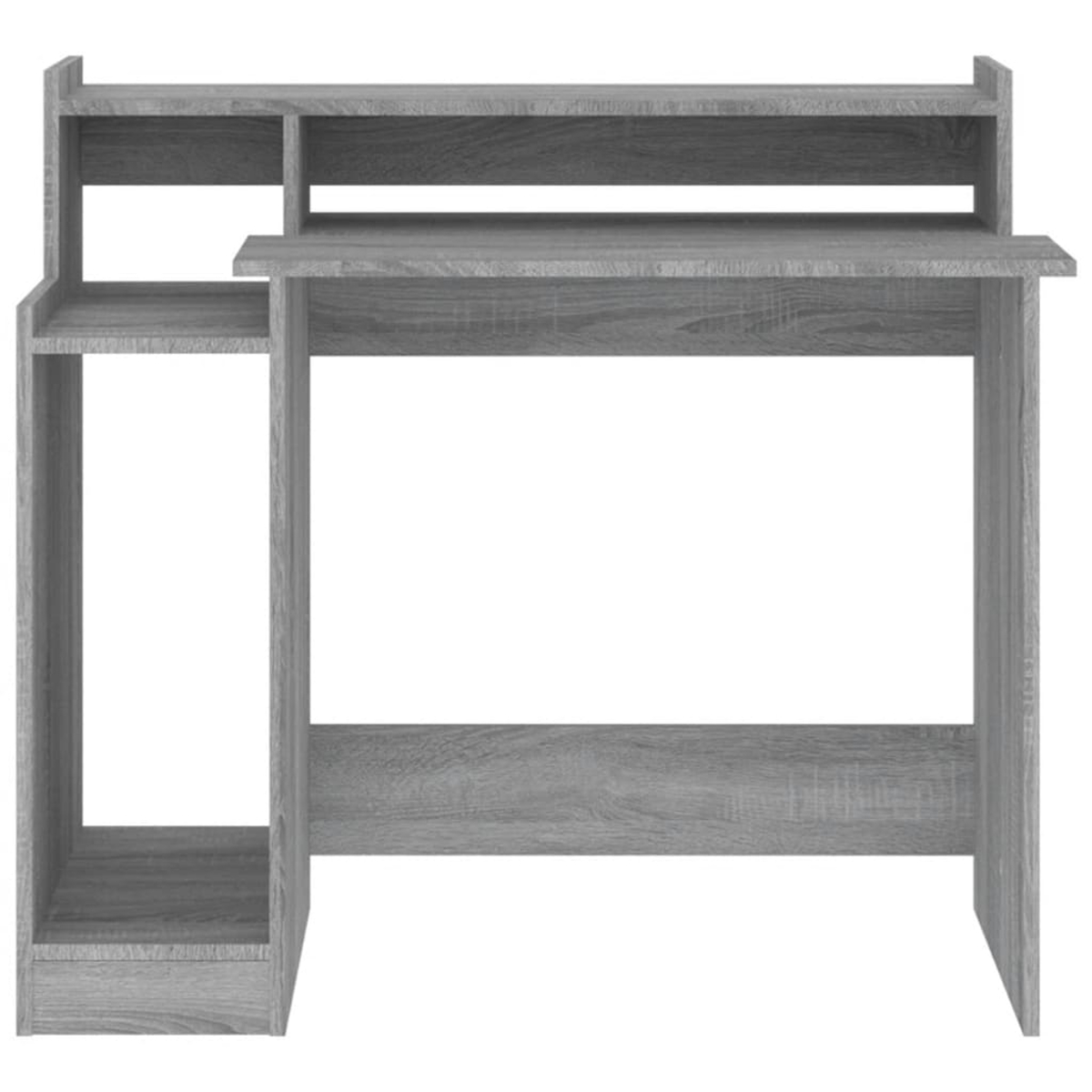 Ein grauer Computertisch aus Holz mit Aufsatz. Er hat ein Regal auf der linken Seite und eine Hauptschreibtischfläche. Der Hintergrund ist weiß.
