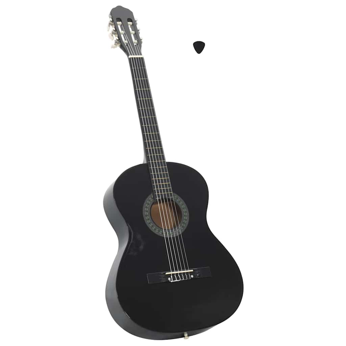 Eine schwarze Akustikgitarre steht auf weißem Hintergrund. Ein schwarzer Plektrum schwebt über der Gitarre.