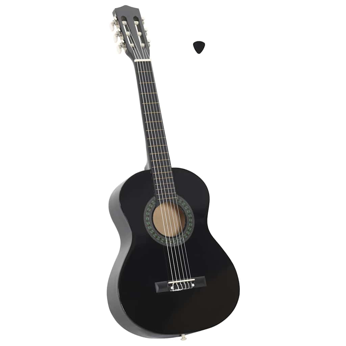 Eine schwarze Akustikgitarre mit Saiten. Ein schwarzer Plektrum schwebt rechts.