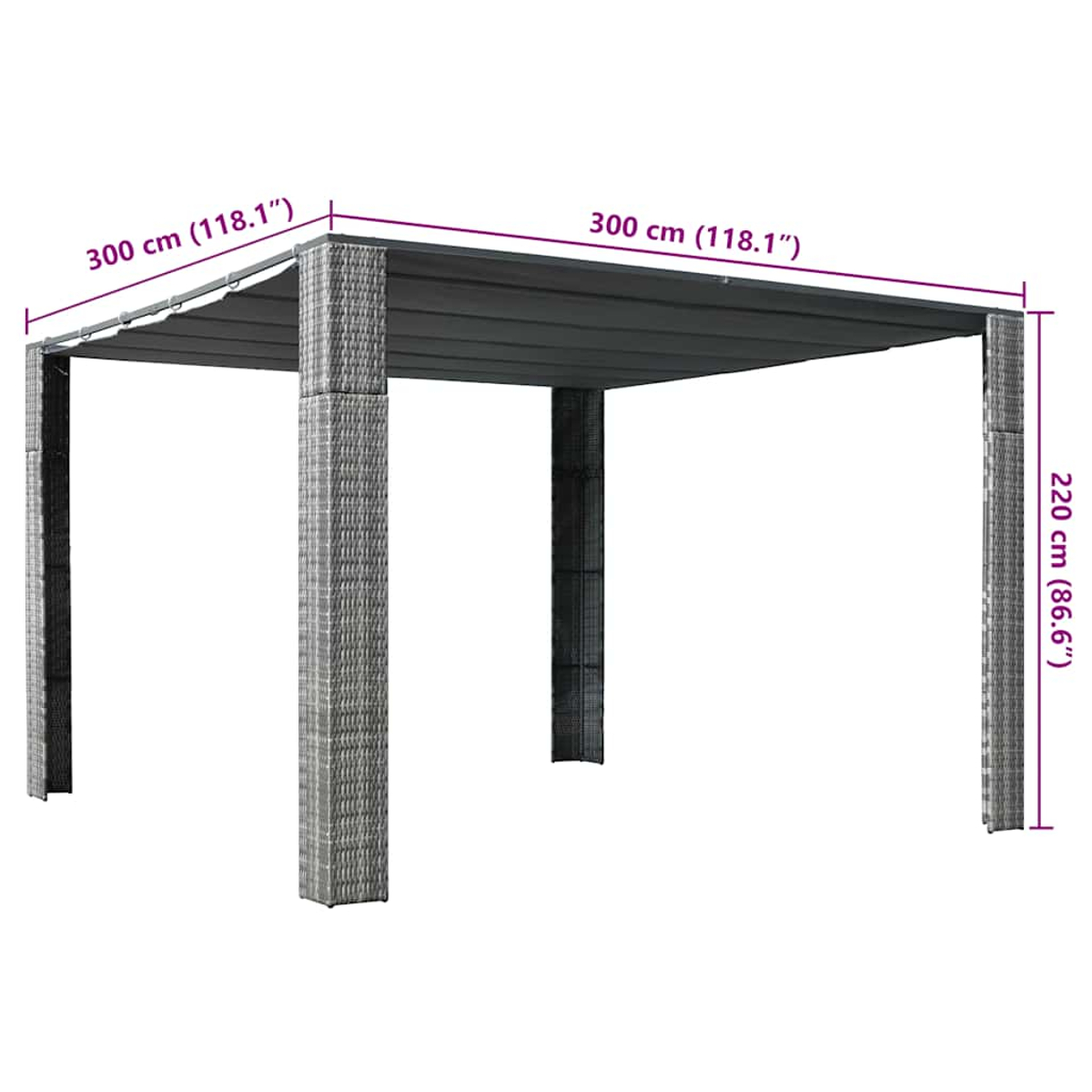 Eine graue Rattan-Pergola mit einem dunkelgrauen Baldachin. Die Abmessungen sind mit 300 cm x 300 cm und 220 cm Höhe angegeben.