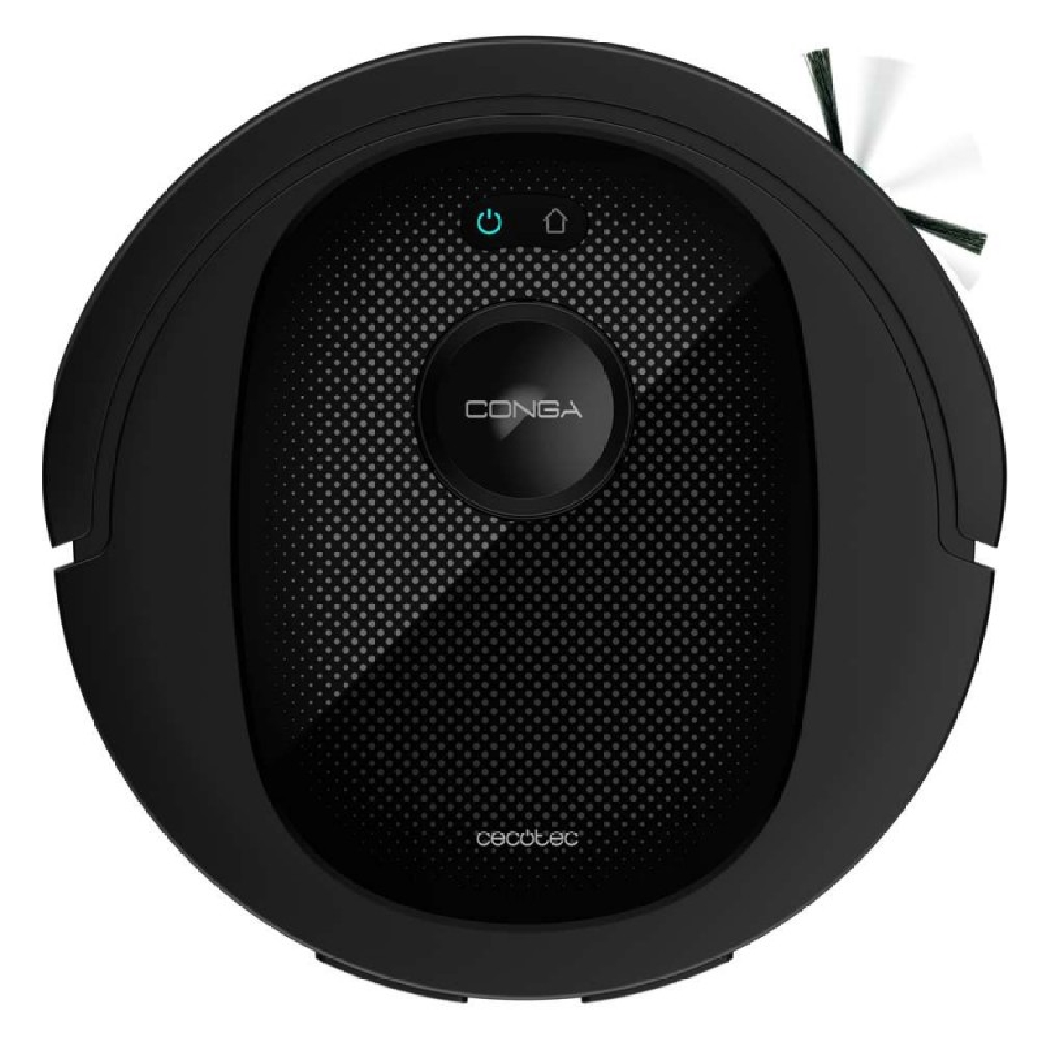 Czarny robot sprzątający Conga. Ma okrągły kształt z kropkowanym środkiem. Widoczna jest nazwa marki i logo.