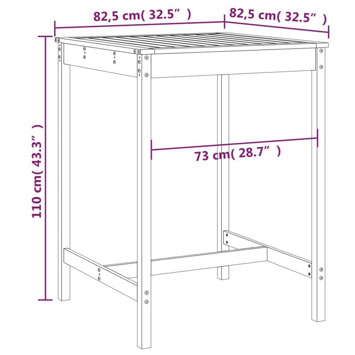 Ein Diagramm eines quadratischen Holztisches mit Abmessungen in Zentimetern und Zoll. Der Tisch hat eine Lattenoberfläche und vier Beine.