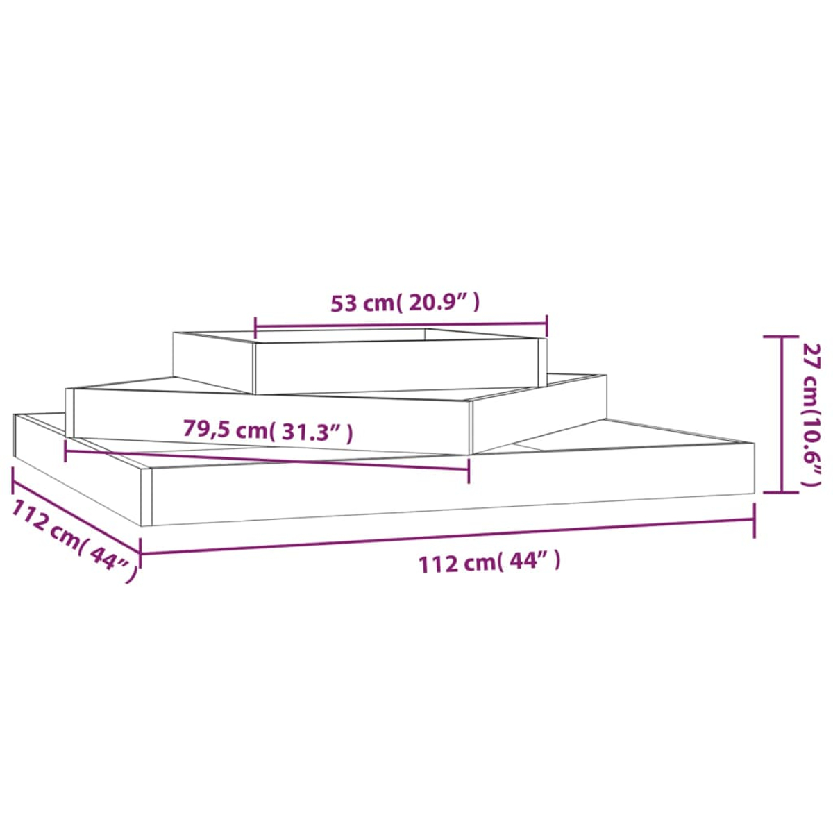 Diagramm einer gestuften Struktur mit Maßen in cm und Zoll. Die Struktur hat drei Ebenen unterschiedlicher Größe.