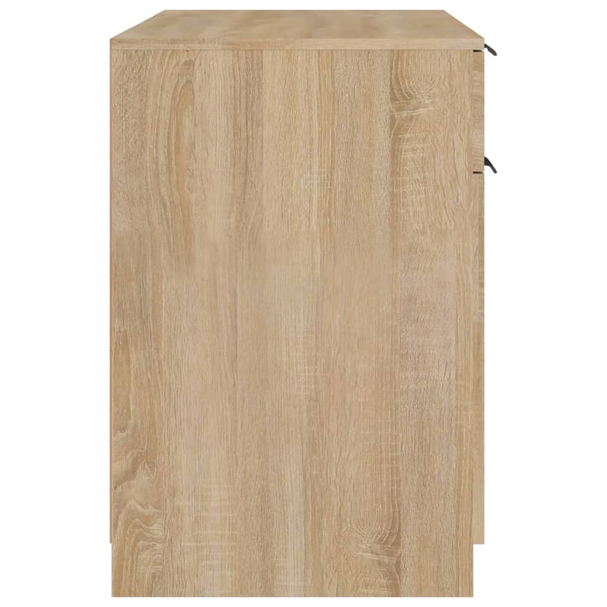 Eine hellbraune Holzkiste, Seitenansicht. Es hat eine Holzmaserung und zwei schwarze Griffe auf der rechten Seite.