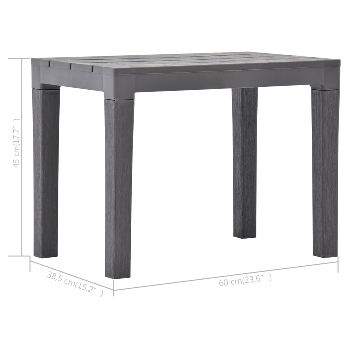 Ein grauer quadratischer Tisch mit vier Beinen. Abmessungen sind beschriftet: 45 cm hoch, 38,5 cm breit und 60 cm lang. Der Tisch steht auf weißem Hintergrund.