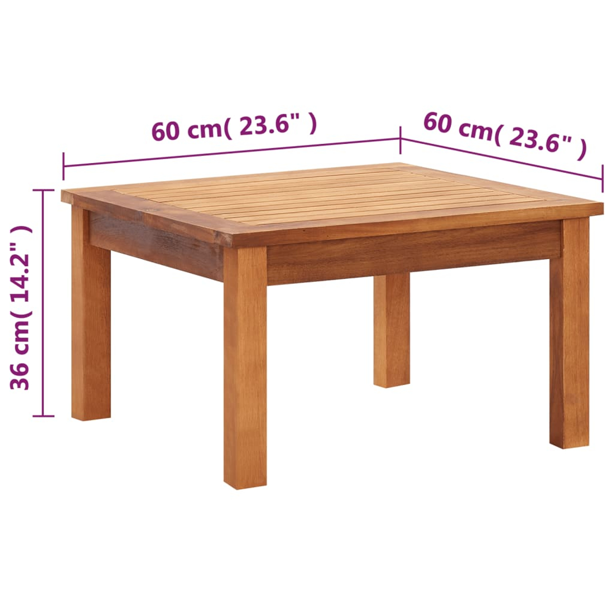 Ein quadratischer Holztisch mit Maßangaben. Der Tisch hat eine Lattenoberfläche und vier Beine, alle in einem natürlichen Holzton.