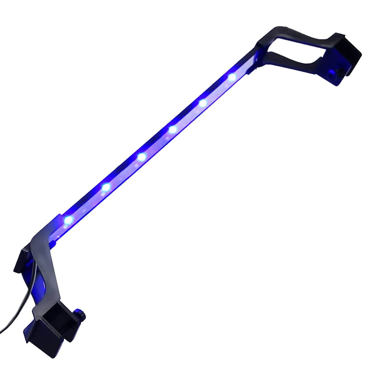 Eine schwarze LED-Leuchte mit blauen Lichtern. Es hat ein gebogenes Design und drei Befestigungspunkte. Ein Netzkabel ist sichtbar.