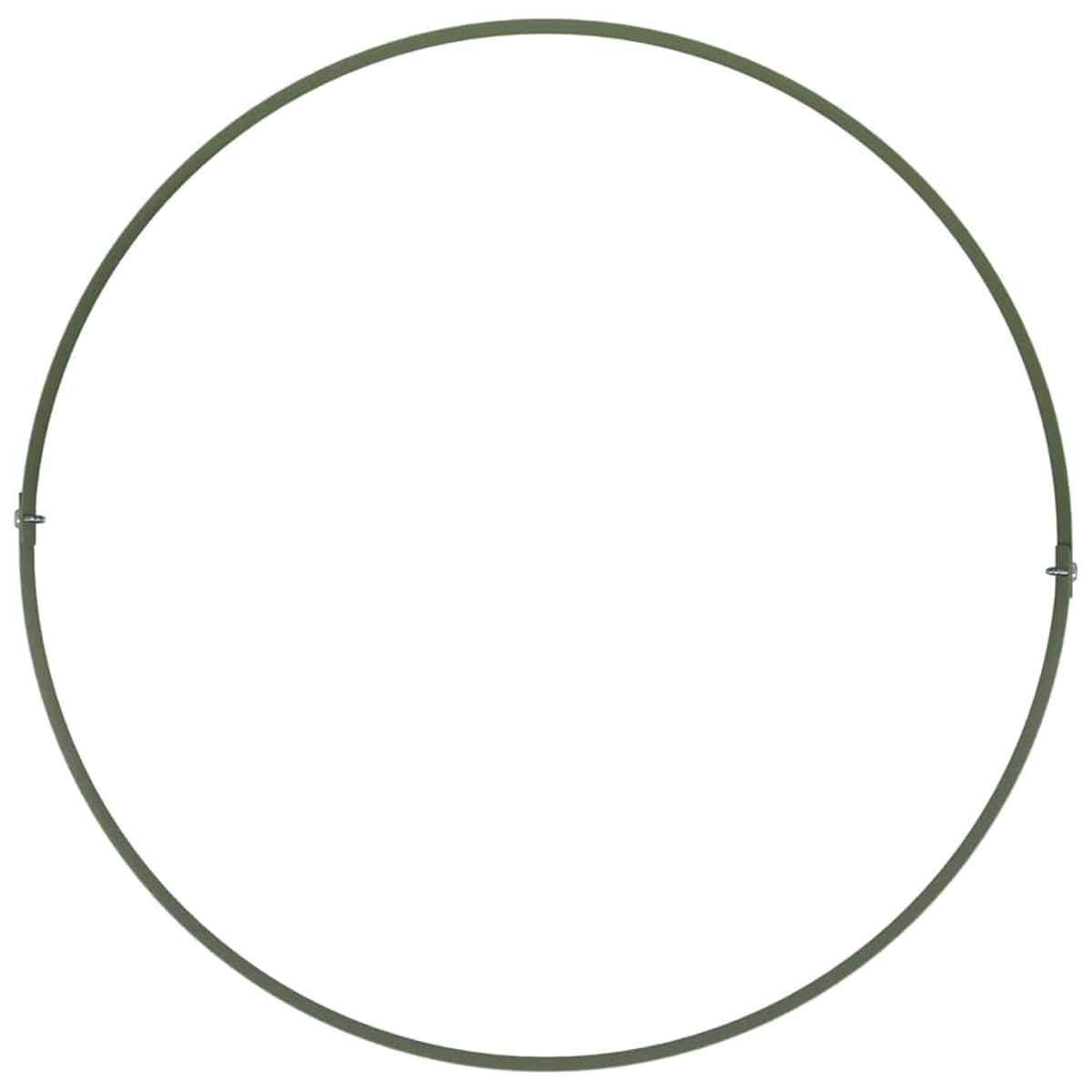 Un telaio circolare verde, possibilmente un cerchio, con connettori metallici in due punti, su sfondo bianco.